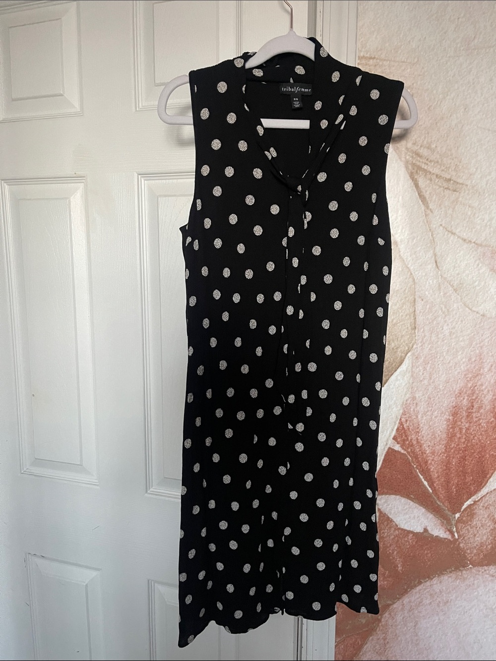 Tribal Black Polka Dot Sleeveless Tie-Neck Mini Dress